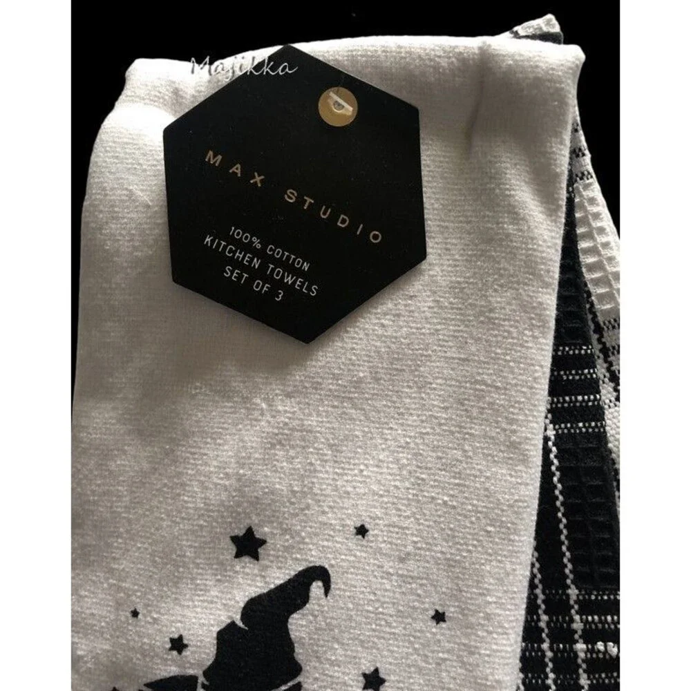 Max Studio Halloween Kitchen Dish Towels Witches Be Crazy Black White Set Of 3